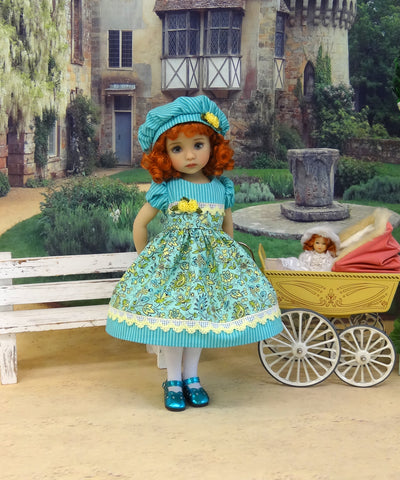 Aquamarine Garden - dress, hat, tights & shoes for Little Darling Doll or 33cm BJD