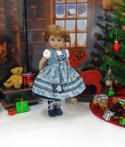 Bavarian Blue Spruce - dirndl ensemble with tights & boots for Little Darling Doll or 33cm BJD