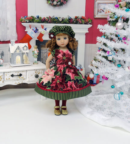 Burgundy Poinsettias - dress, hat, tights & shoes for Little Darling Doll or 33cm BJD