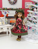 Burgundy Poinsettias - dress, hat, tights & shoes for Little Darling Doll or 33cm BJD