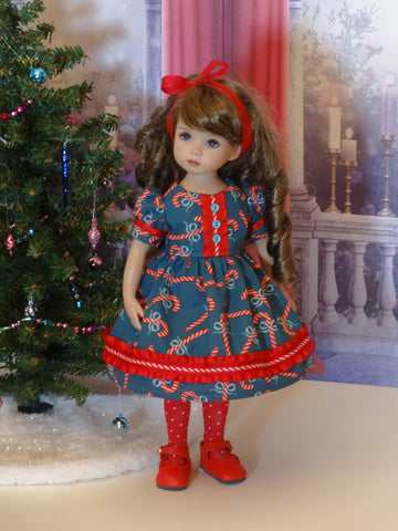 Candy Cane Lane - dress, tights & shoes for Little Darling Doll or 33cm BJD