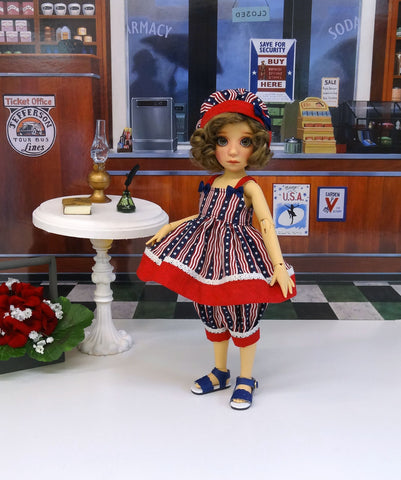 Freedom Flag - babydoll top, bloomers, hat & sandals for Little Darling Doll or 33cm BJD
