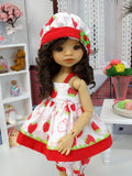 Fresh Strawberries - babydoll top, bloomers, hat & sandals for Little Darling Doll or 33cm BJD