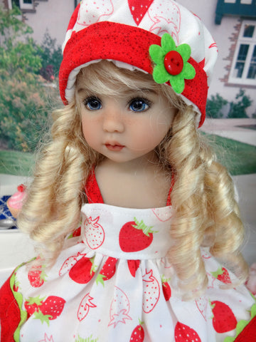 Fresh Strawberries - babydoll top, bloomers, hat & sandals for Little Darling Doll or 33cm BJD