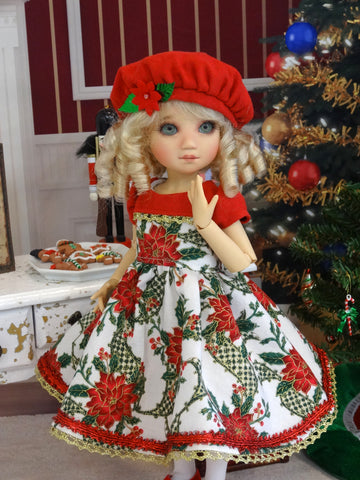 Grand Poinsettia - dress, beret, tights & shoes for Little Darling Doll or 33cm BJD