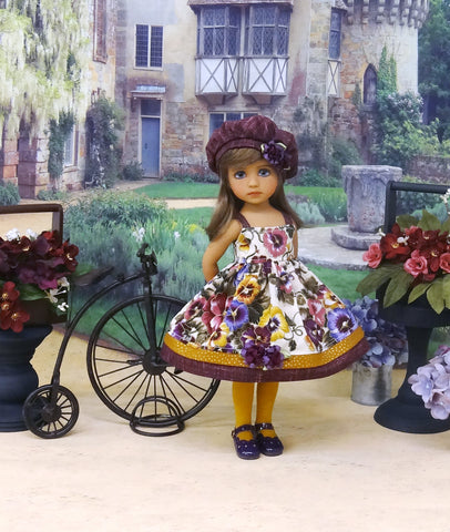 Harvest Pansies - dress, hat, tights & shoes for Little Darling Doll or 33cm BJD