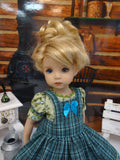 Meadow Plaid - dress & apron ensemble with tights & shoes for Little Darling Doll or 33cm BJD