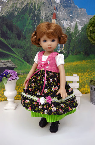 Mountain Morning Glory - dirndl ensemble with tights & boots for Little Darling Doll or 33cm BJD