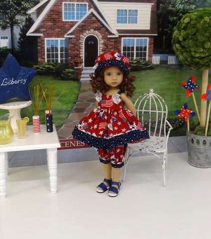 Patriotic Pup - babydoll top, bloomers, hat & sandals for Little Darling Doll or 33cm BJD