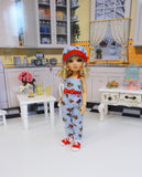 Strawberry Treat - romper, hat, socks & saddle shoes for Little Darling Doll or 33cm BJD