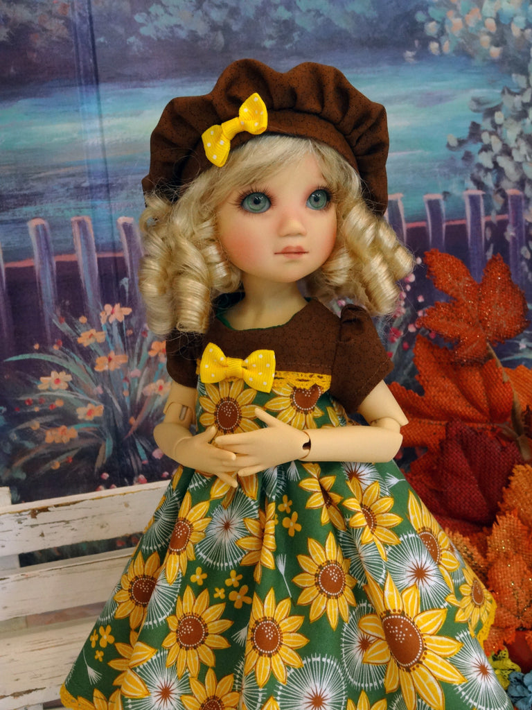 Sunflower Meadow dress, beret, tights shoes for Little Darling