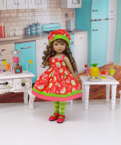 Watermelon Patch - dress, hat, tights & shoes for Little Darling Doll or 33cm BJD