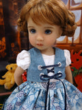 Bavarian Blue Spruce - dirndl ensemble with tights & boots for Little Darling Doll or 33cm BJD