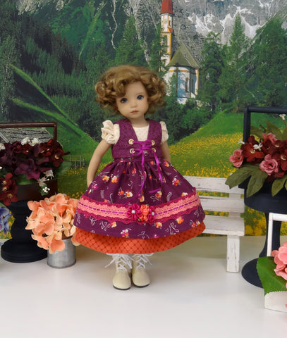Bavarian Sunset - dirndl ensemble with tights & boots for Little Darling Doll or 33cm BJD