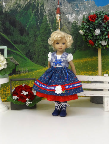 Bavarian Wildflowers - dirndl ensemble with tights & boots for Little Darling Doll or 33cm BJD