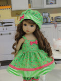 Candied Cherries - babydoll top, bloomers, hat & sandals for Little Darling Doll