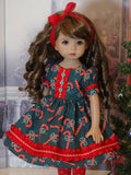 Candy Cane Lane - dress, tights & shoes for Little Darling Doll or 33cm BJD