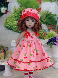 Cherry Cobbler - dress, hat, tights & shoes for Little Darling Doll