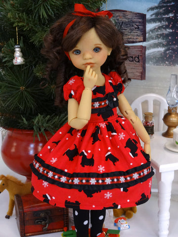 Christmas Scottie - dress, tights & shoes for Little Darling Doll or 33cm BJD