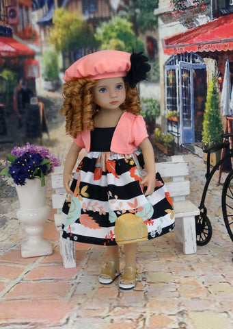 Classy Floral - dress, jacket, beret & sandals for Little Darling Doll