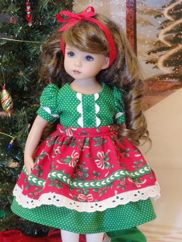 Festive Holiday - dress & apron ensemble with tights & shoes for Little Darling Doll or 33cm BJD