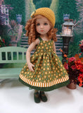Golden Autumn Mum - dress, sweater, hat, tights & shoes for Little Darling Doll or 33cm BJD
