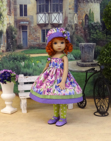 Spring Crocus - dress, hat, tights & shoes for Little Darling Doll or 33cm BJD
