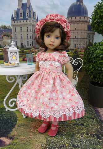 Strawberries & Cream - dress, hat, tights & shoes for Little Darling Doll or 33cm BJD