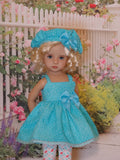 Terrific in Turquoise - babydoll top, beret, leggings & shoes for Little Darling Doll