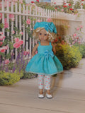Terrific in Turquoise - babydoll top, beret, leggings & shoes for Little Darling Doll