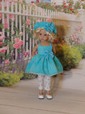 Terrific in Turquoise - babydoll top, beret, leggings & shoes for Little Darling Doll
