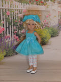 Terrific in Turquoise - babydoll top, beret, leggings & shoes for Little Darling Doll