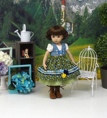 Tyrolean Meadow - dirndl ensemble with tights & boots for Little Darling Doll or 33cm BJD