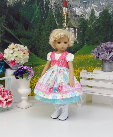 Tyrolean Summer - dirndl ensemble with tights & boots for Little Darling Doll or 33cm BJD