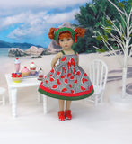 Watermelon Picnic - dress, kerchief & sandals for Little Darling Doll or 33cm BJD