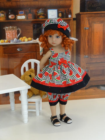 Watermelon Seeds - babydoll top, bloomers, hat & sandals for Little Darling Doll